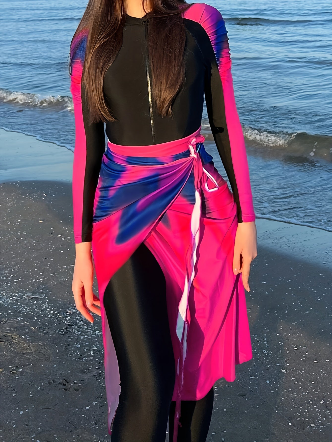 XQY BaiHui Ayollar uchun Tashqi Ko'rinishda Kichik Tashqi Qoplama va Shimlar bilan Tie-Dye Print Modest Suvga Tushish To'plami - Plyaj va Havuz uchun Ideal, Harakat Usuli bilan.