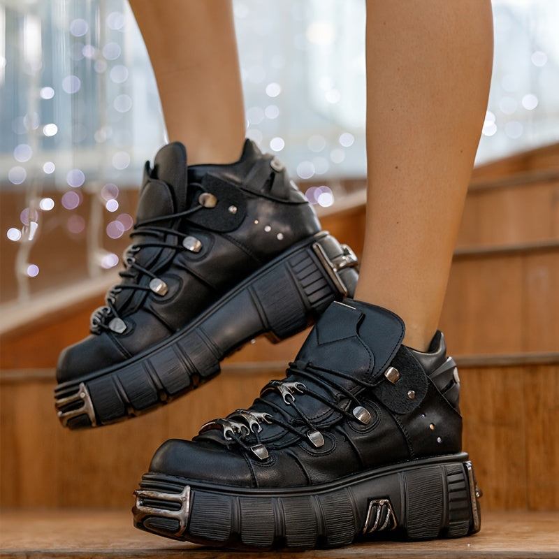 [Mashhur Tanlov] Gotik Punk Uslubidagi Ayollar uchun Bo'yin Botinkalari - Bog'ichli, Platforma Poyafzali, Dumaloq Bosh, Metall Aksessuarlar, Sun'iy Qoplama
