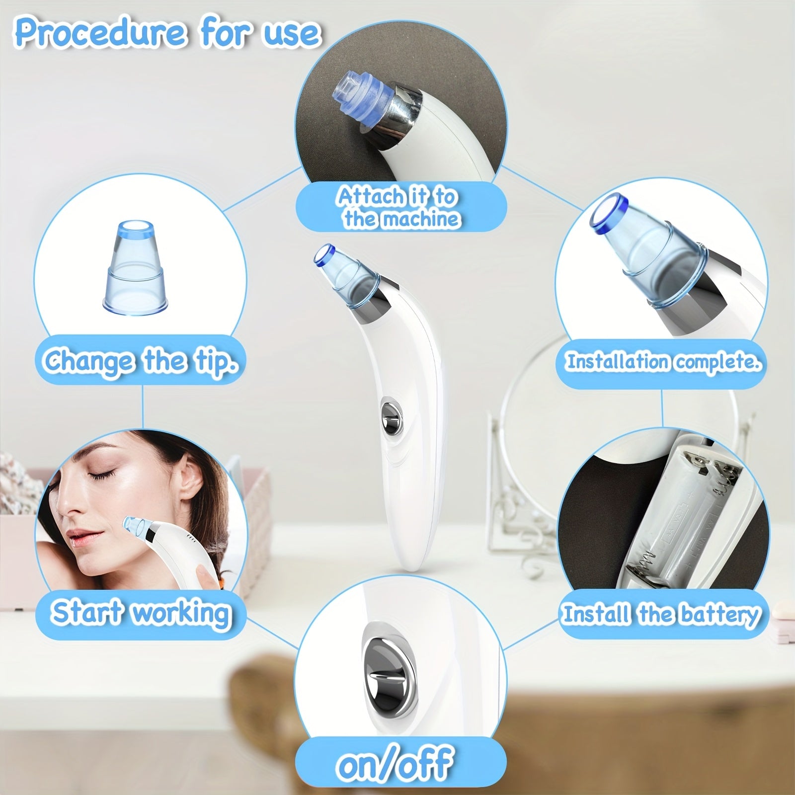 Herramienta para eliminar puntos negros con 4 sondas intercambiables, alimentada por batería, limpia poros para mujeres y hombres