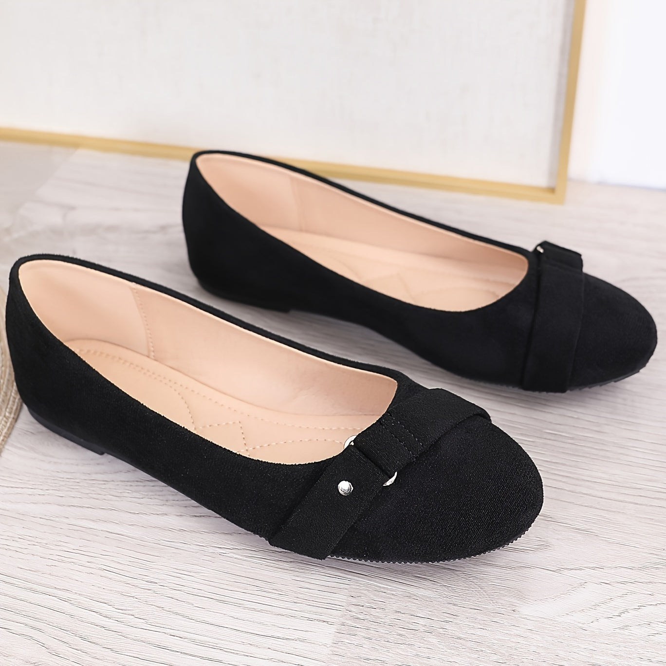 Women Black Flannel Slip-On Ballet Flats with Ankle Strap Casual Shoes