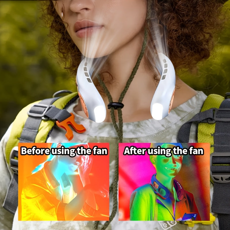 Portable Neck Fan with 7-Color LED Lights, Dual Turbo Outlets, 5-Speed