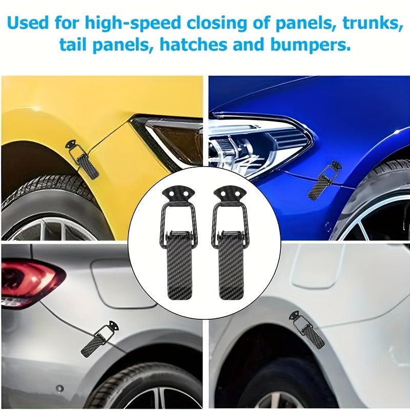 2 dona metallik o'zgaruvchan klamp fastenerlari avtomobil bumperslari va bagajlar uchun karbon tolasi teksturasi bilan