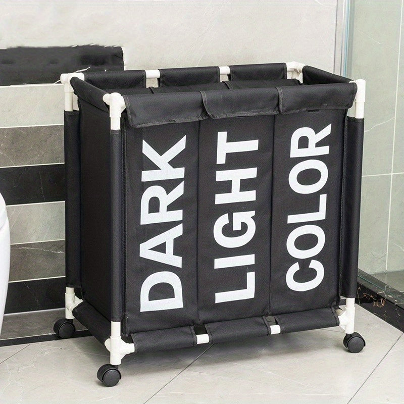 Large Waterproof Laundry Basket with 3 Compartments on Wheels for Home Organization