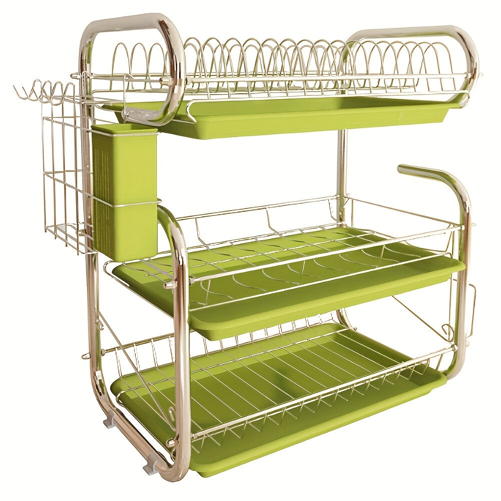3-Tier Metal Plastic Dish Rack with Cutlery Cup Sink Draining Tray and Cutting Board Holder 50x25x45cm