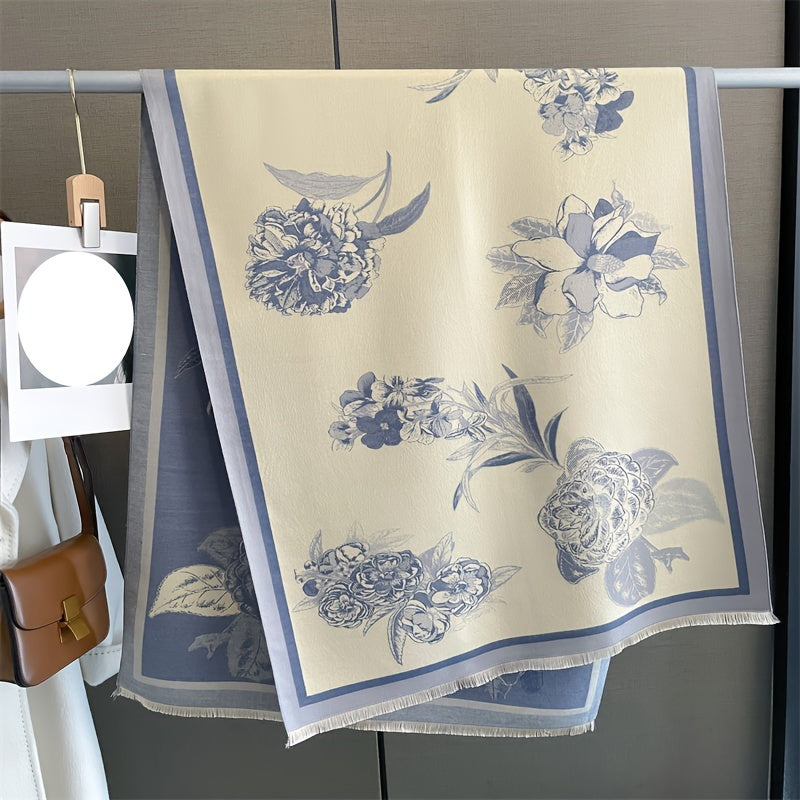 Women’s Warm Imitation Cashmere Scarf with Plant Print for Winter