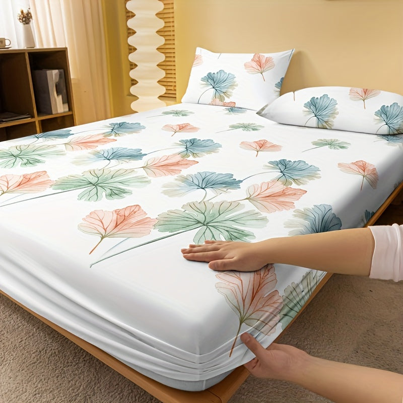 Leaf Print Fitted Sheet Deep Pocket Brushed Cotton Bed Sheet for Bedroom or Guest Room