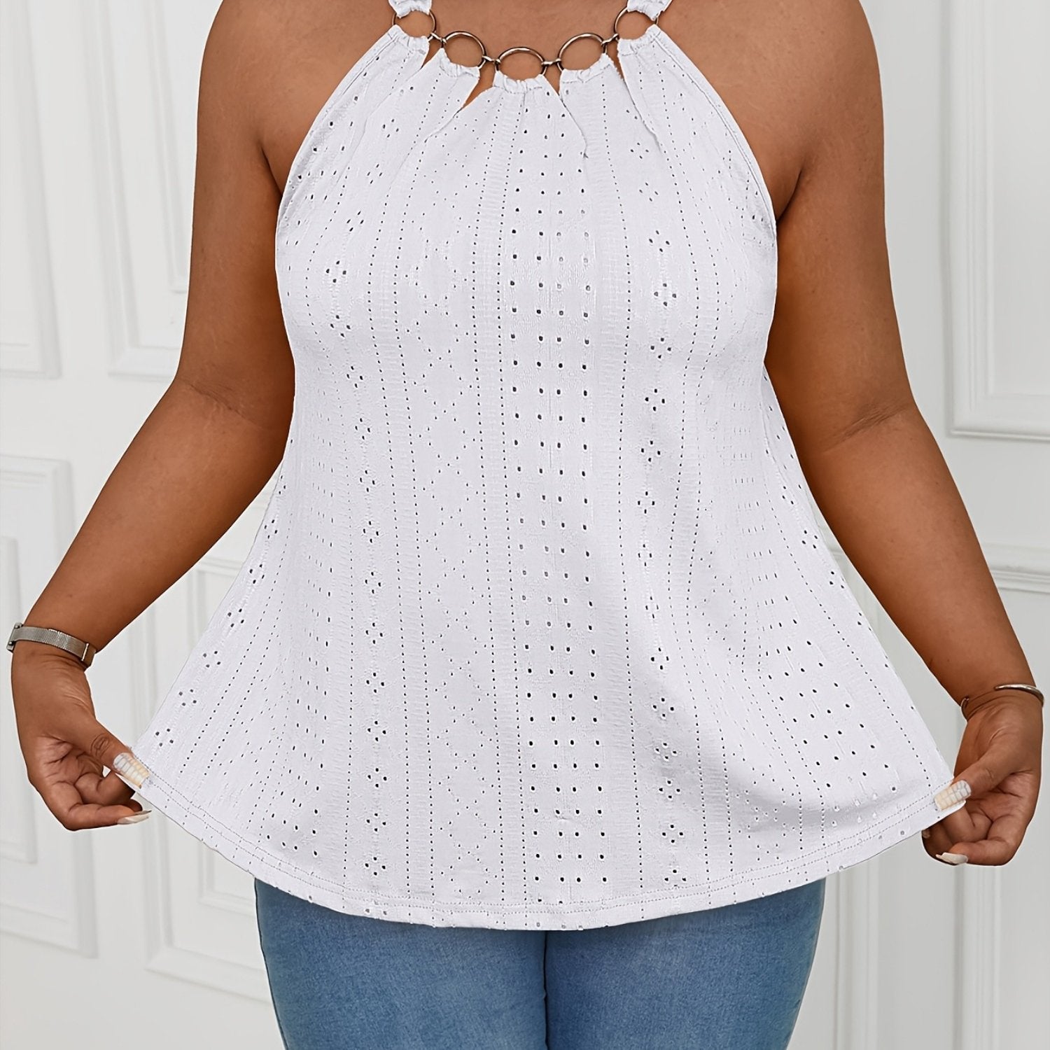 Plus Size Women's Embroidered Eyelet Tank Top Sleeveless Summer Clothing