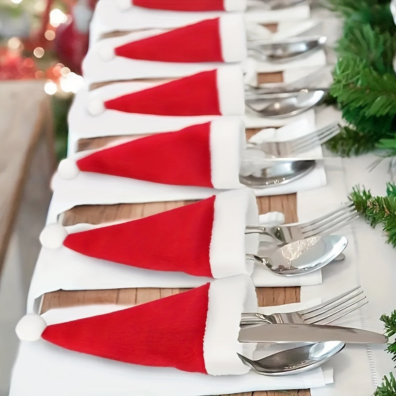 10-Piece Velvet Mini Santa Hat Silverware Holders and Wine Bottle Decor Table Linens