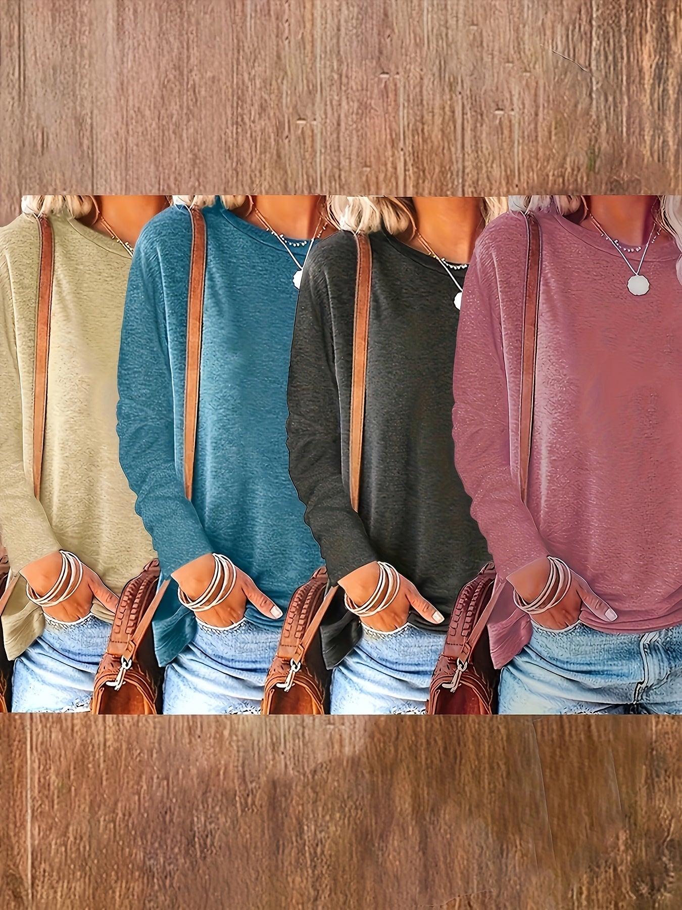 Women's Long Sleeve Cotton Casual Tops 4 Pack Solid Colors Olive Yellow Navy