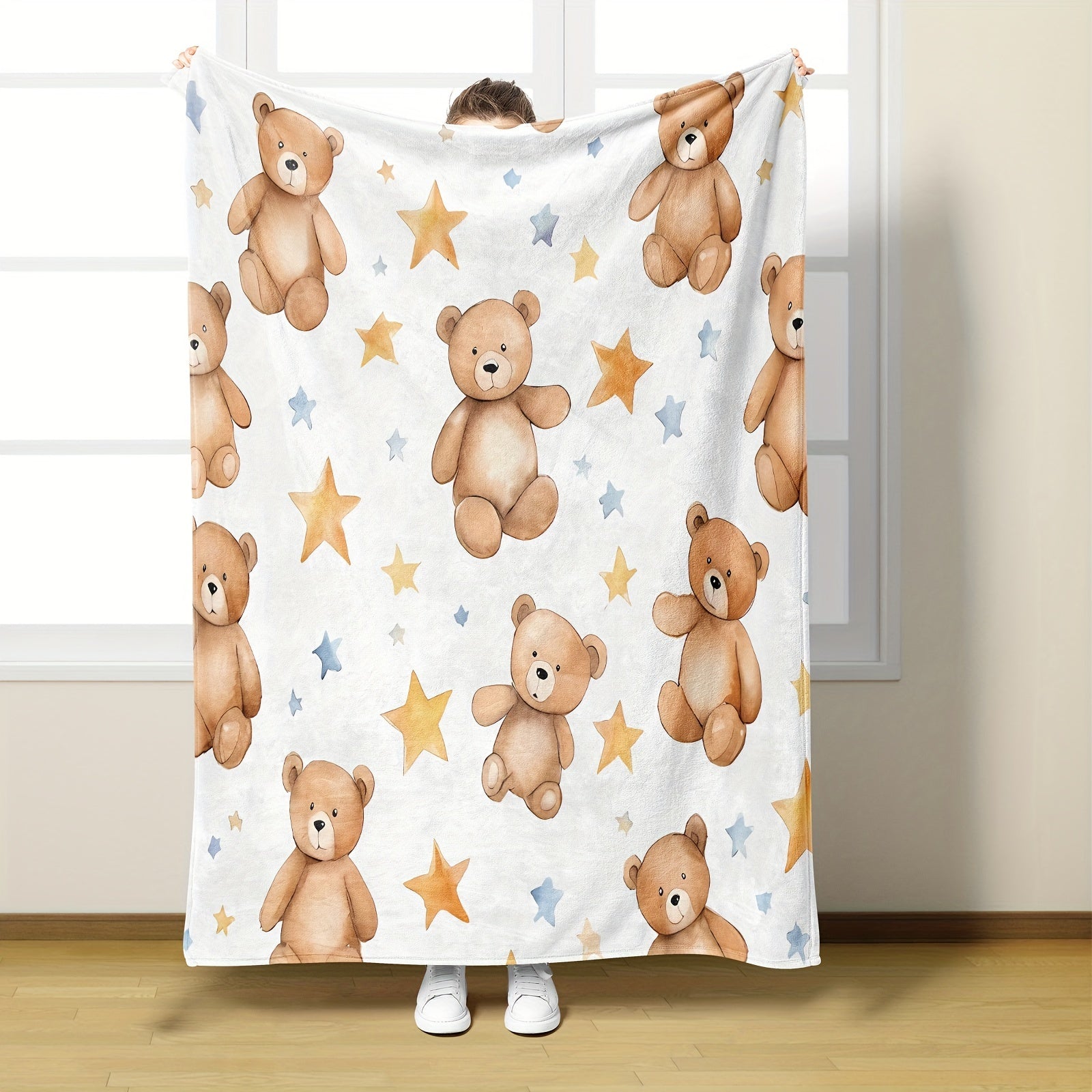 Cartoon Bear Printed Flannel Fleece Throw Blanket Soft Cozy All-Season Gift