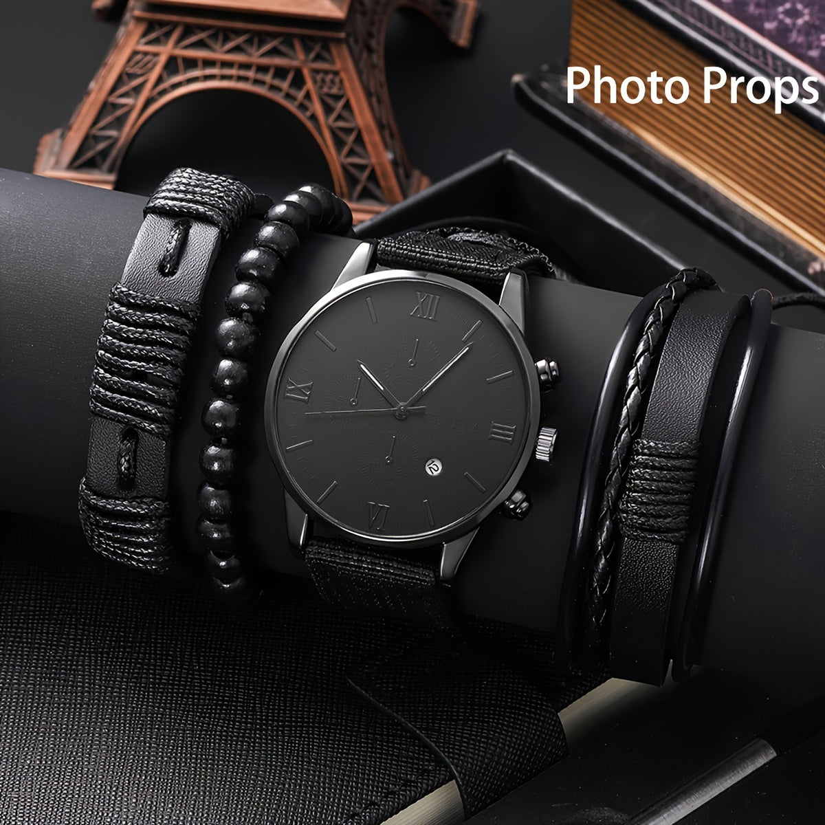 Men's Watch Set Black Nylon Strap Casual Industrial Style Round Dial Quartz Watch with 3 Bracelets