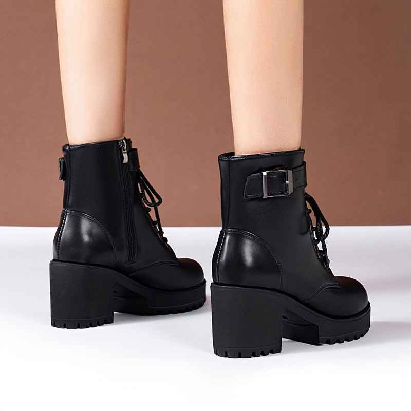Women’s Leather Lace-Up High Heeled Short Boots Black