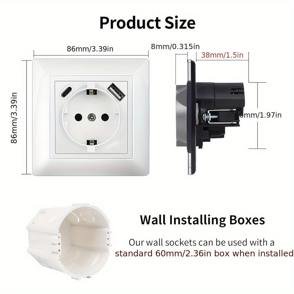 EU Type-C USB Wall Socket Flame Retardant PC Panel 110V-250V 16A Standard Socket