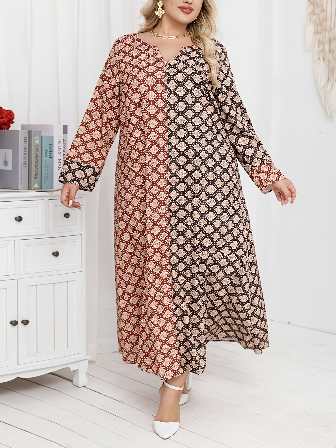 Ayollar uchun polyester V-yengli tunik kiyiq, barcha mavsumlar uchun erkin fit, bosma