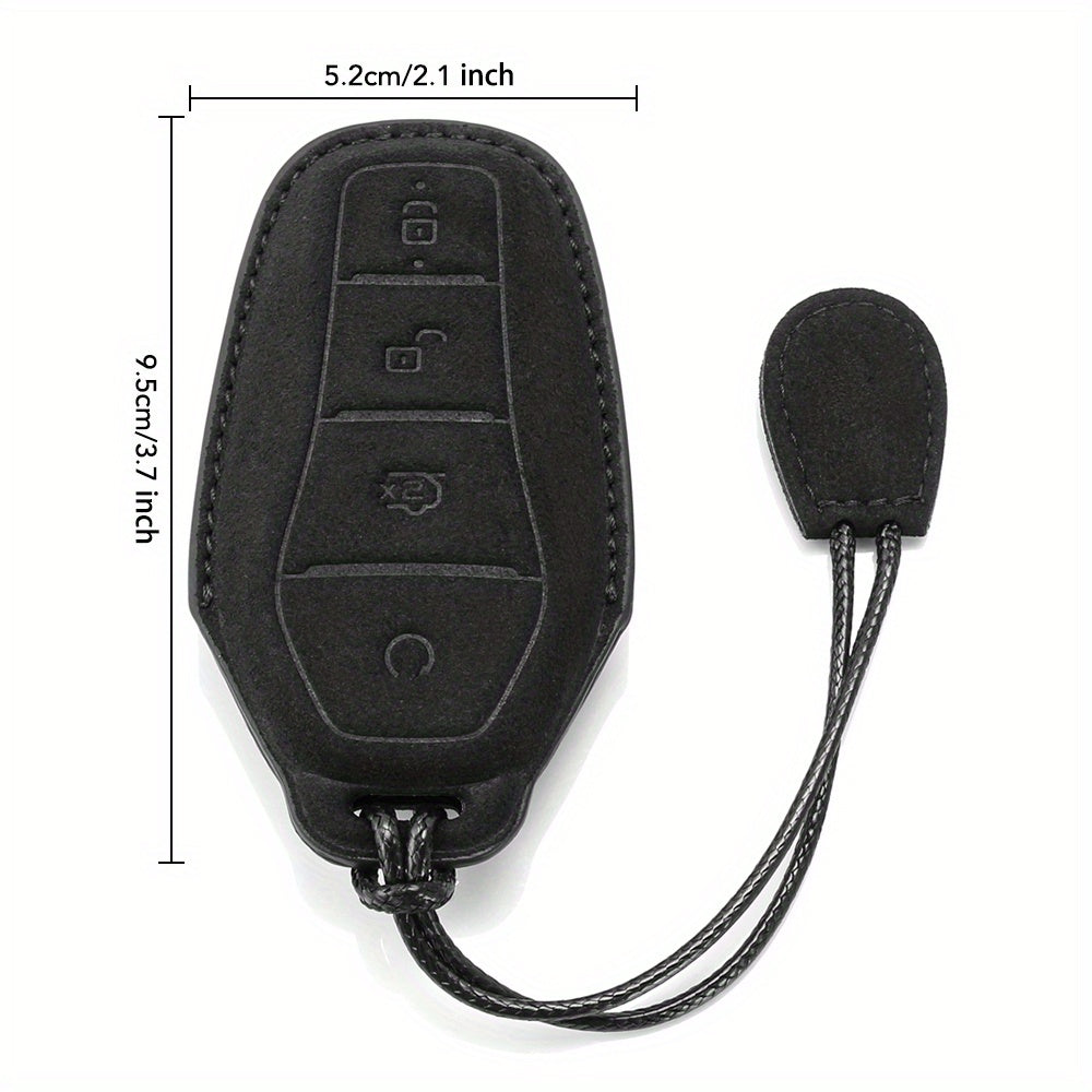 Car Key Fob Cover Black Leather Braided Leash Button Labels for Vehicle