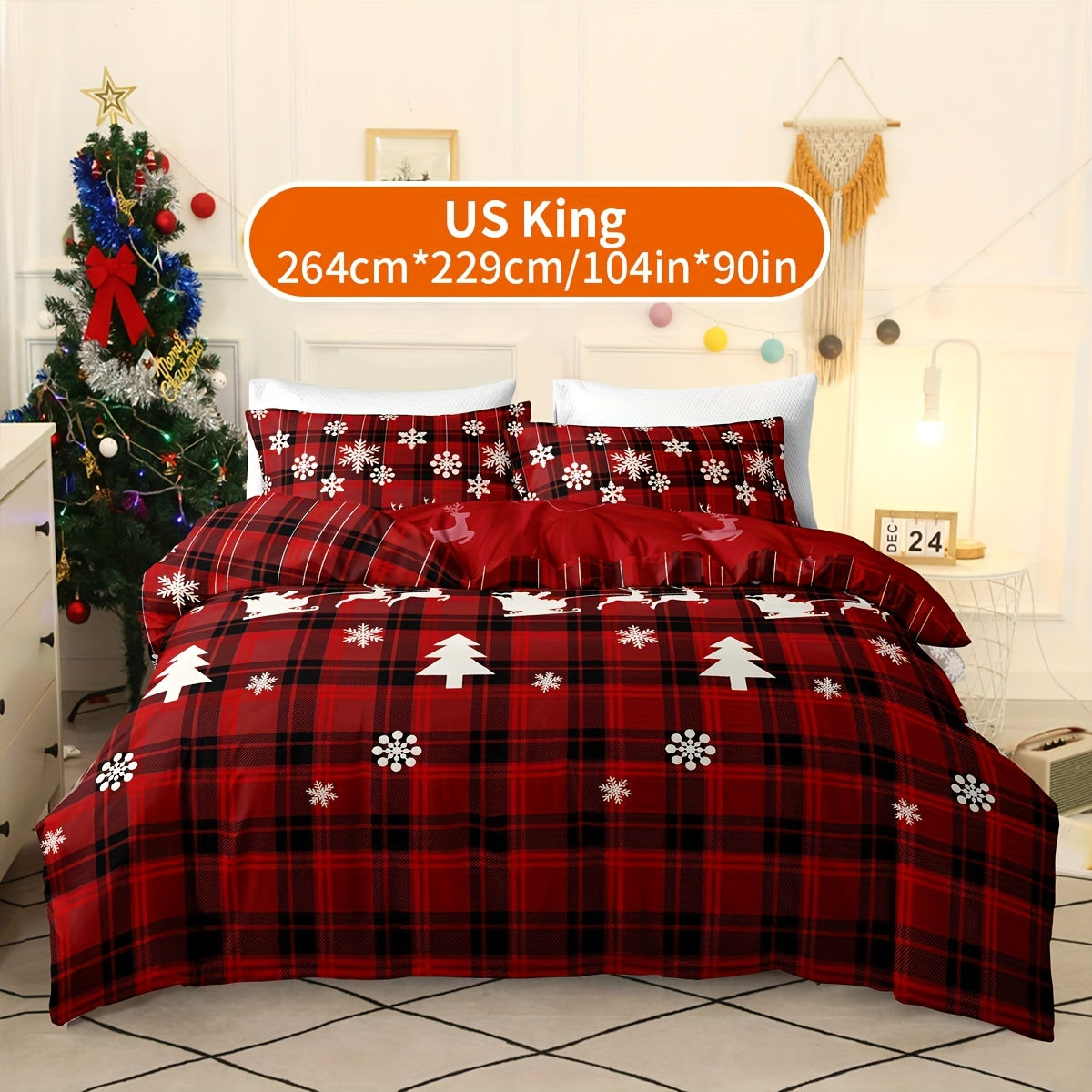 Christmas Themed Bedding Set 3 Pieces Quilt Cover with Elk Snowflake Design