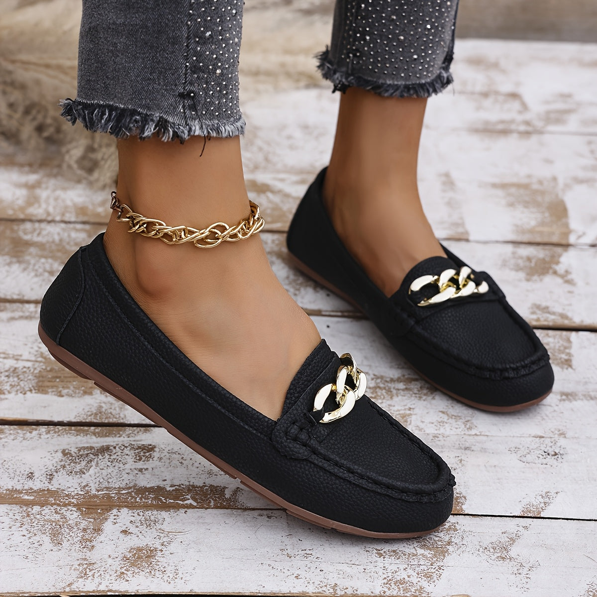 Zapatillas de ballet para mujer de material sintético con cadena dorada blanco beige negro