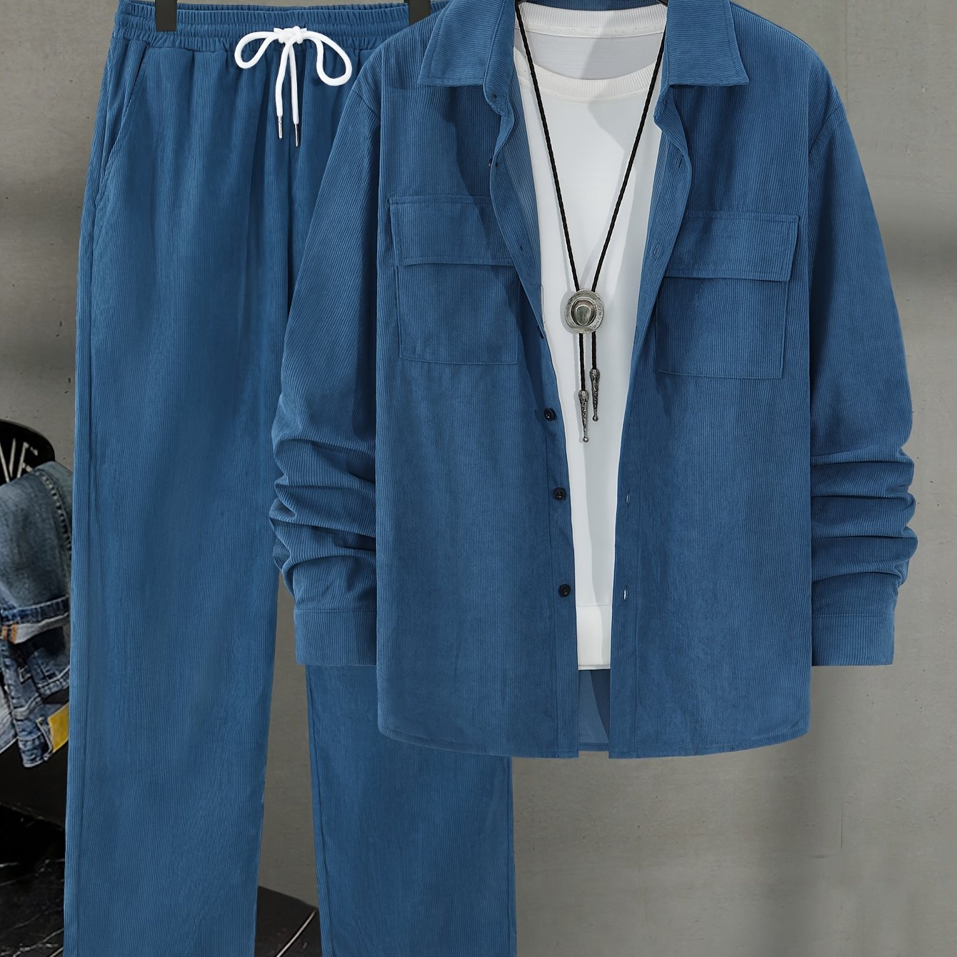 Men's 2-Piece Casual Set Long Sleeve Shirt and Drawstring Pants Polyester Beach Vacation