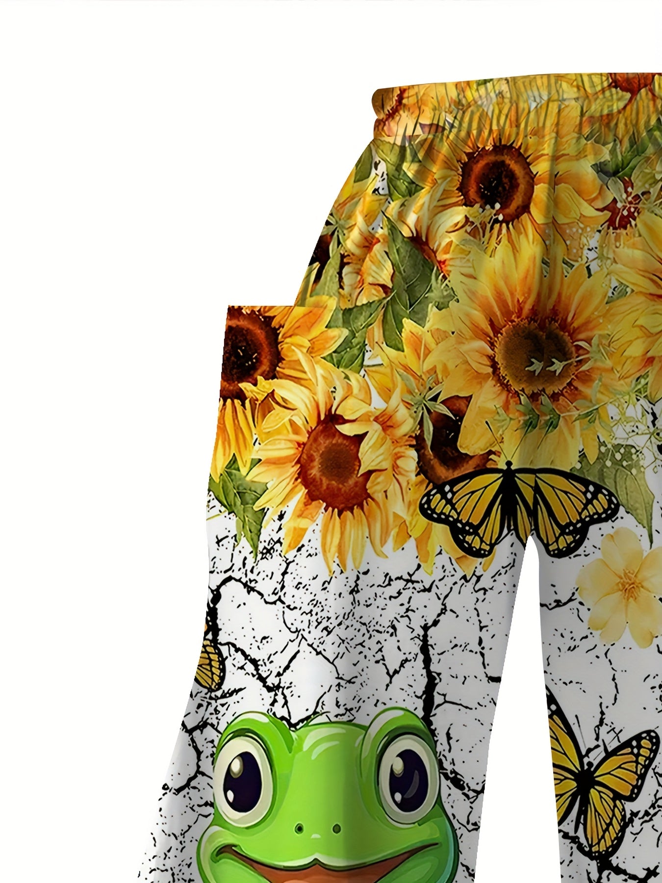 Plus Size Women's Wide-Leg Polyester Pants With Sunflower and Frog Print