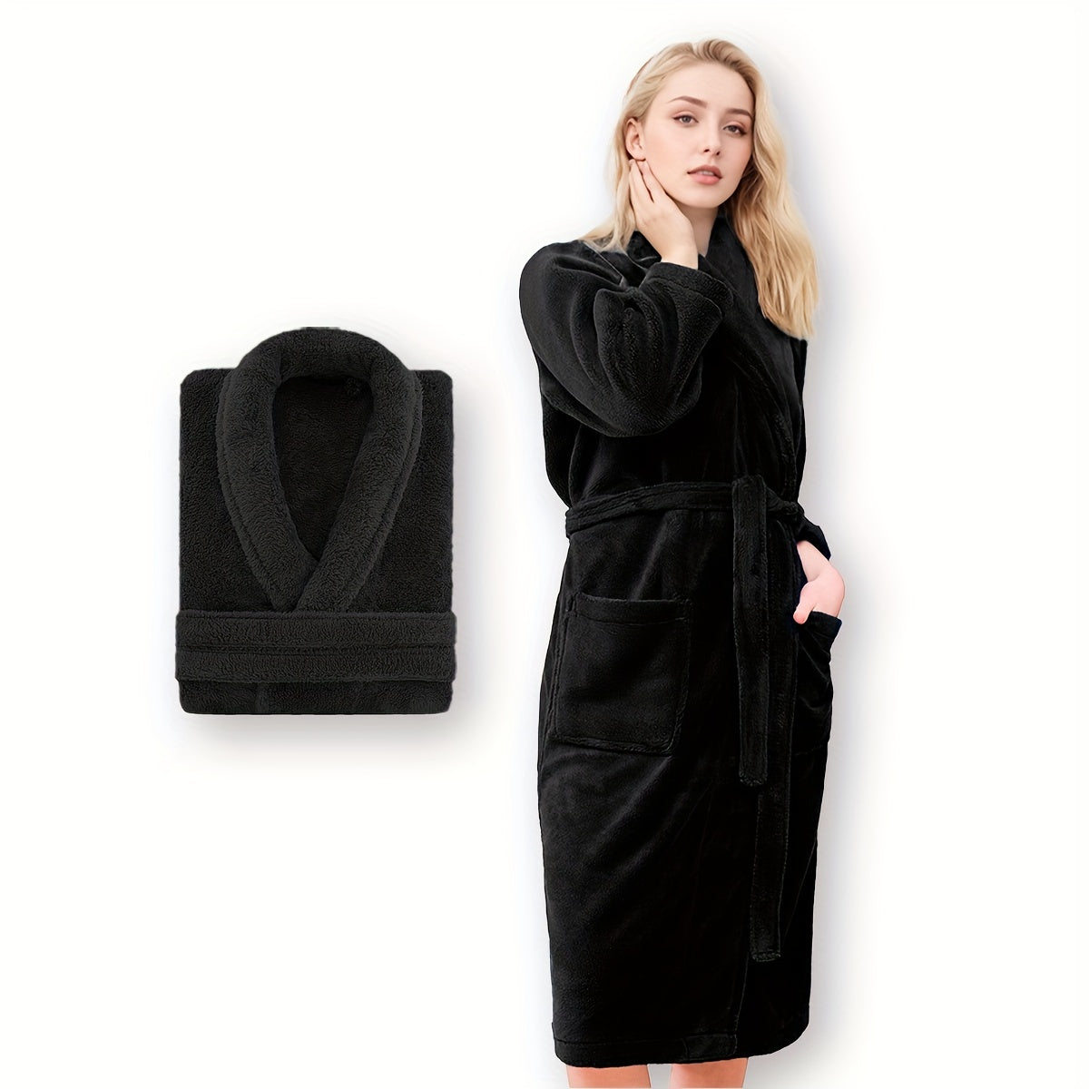 Unisex Fleece Bathrobe with Shawl Collar Soft Machine Washable