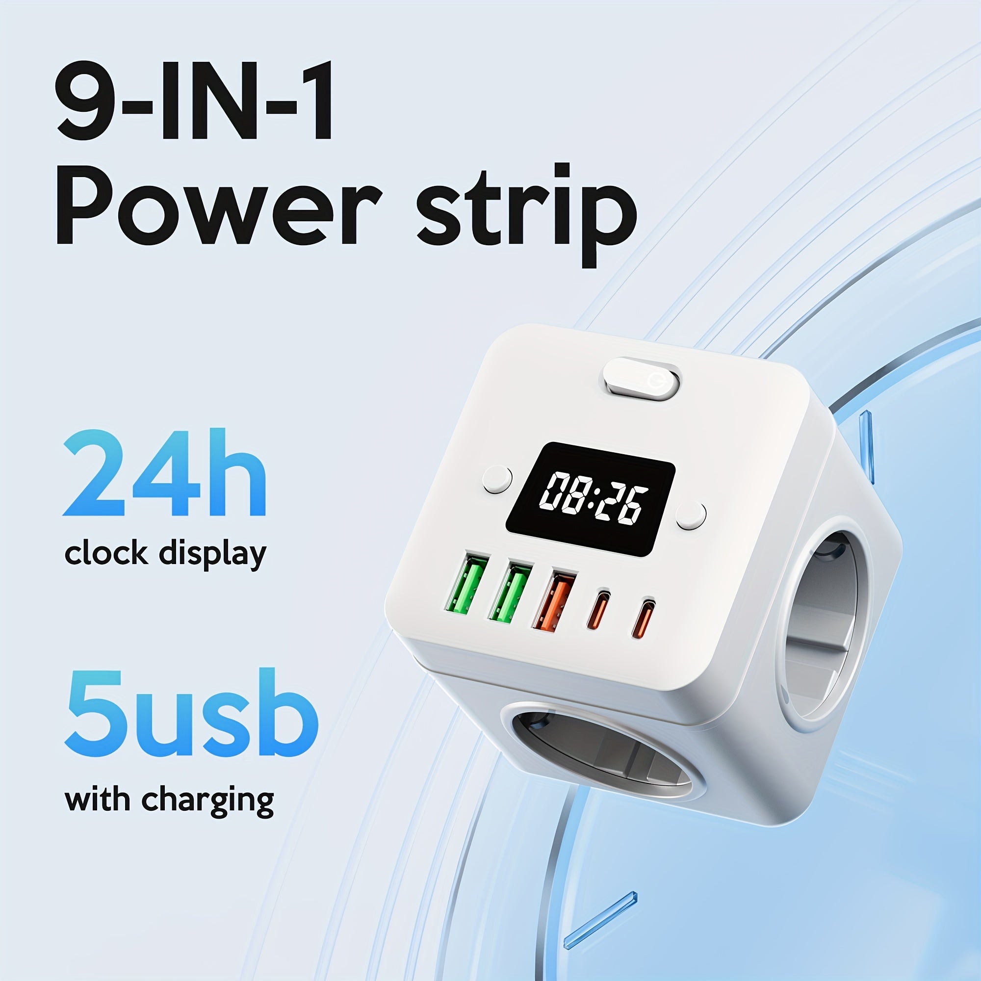 9-in-1 Power Strip with Clock 3 EU Outlets 3 USB-A Ports 2 USB-C Ports Overload Protection Wall Mountable