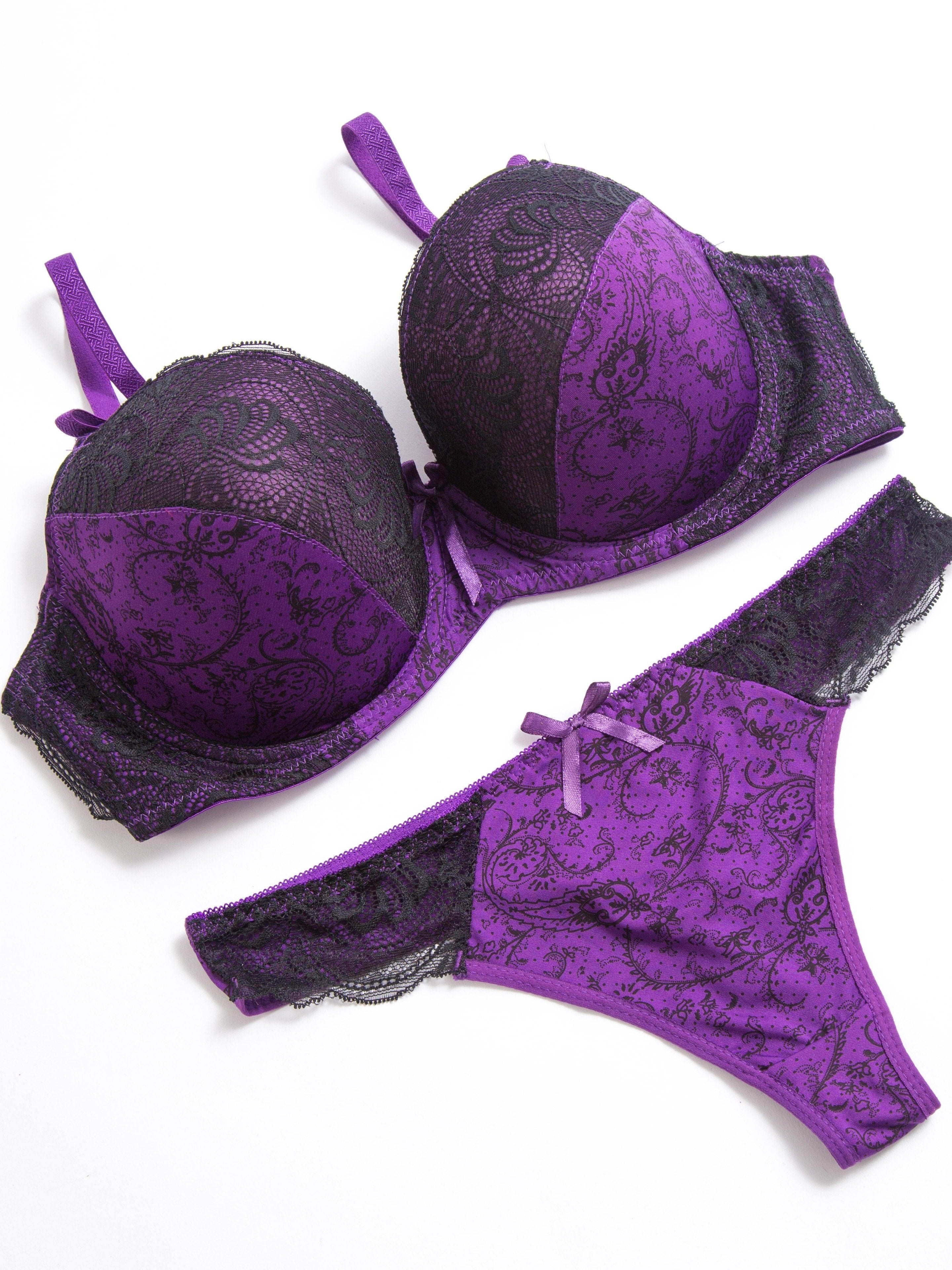 Lingerie Lace Bra and Panty Set in Beige and Black Floral Print Nylon Blend Comfortable for Casual or Special Occasions