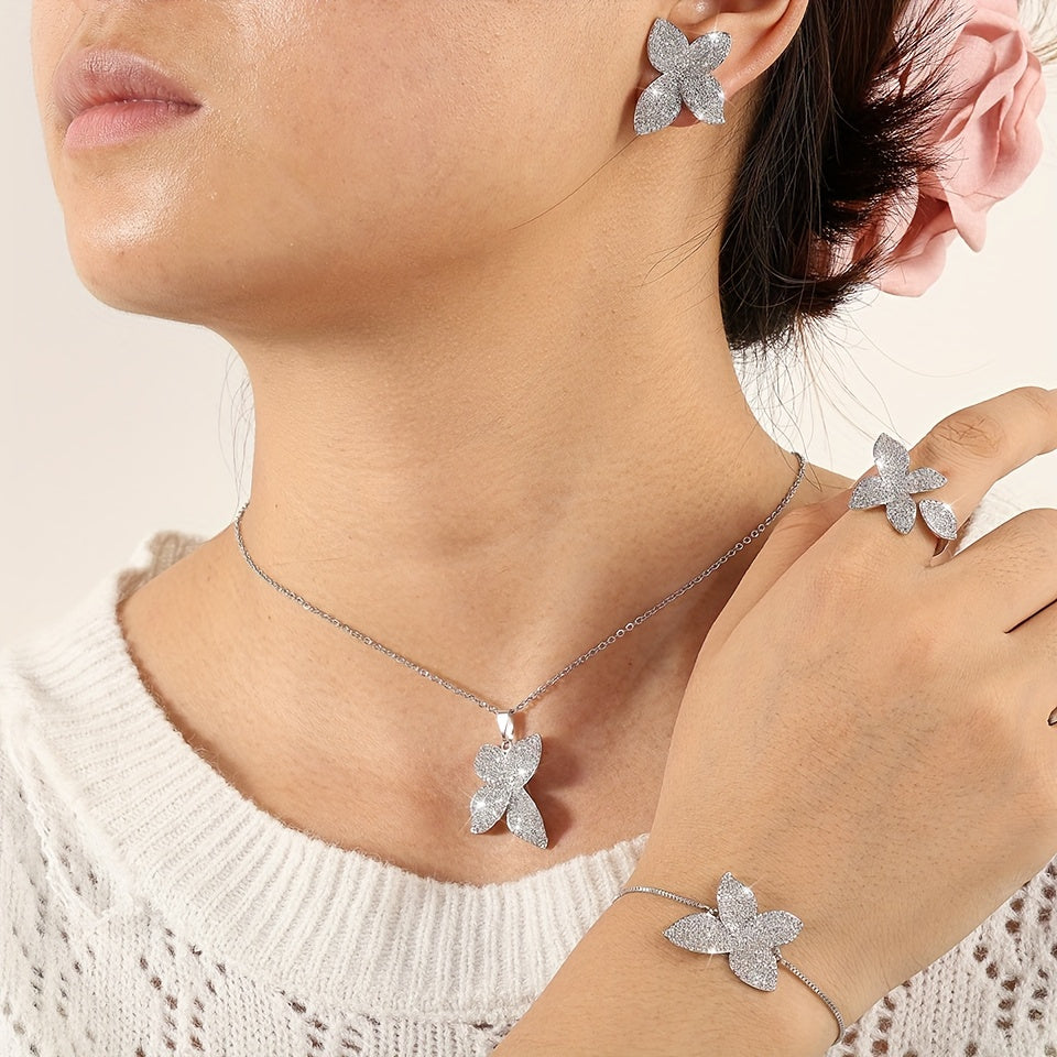 Women's Butterfly Jewelry Set Zirconia Copper Necklace Bracelet Ring Earrings Gift Boxed