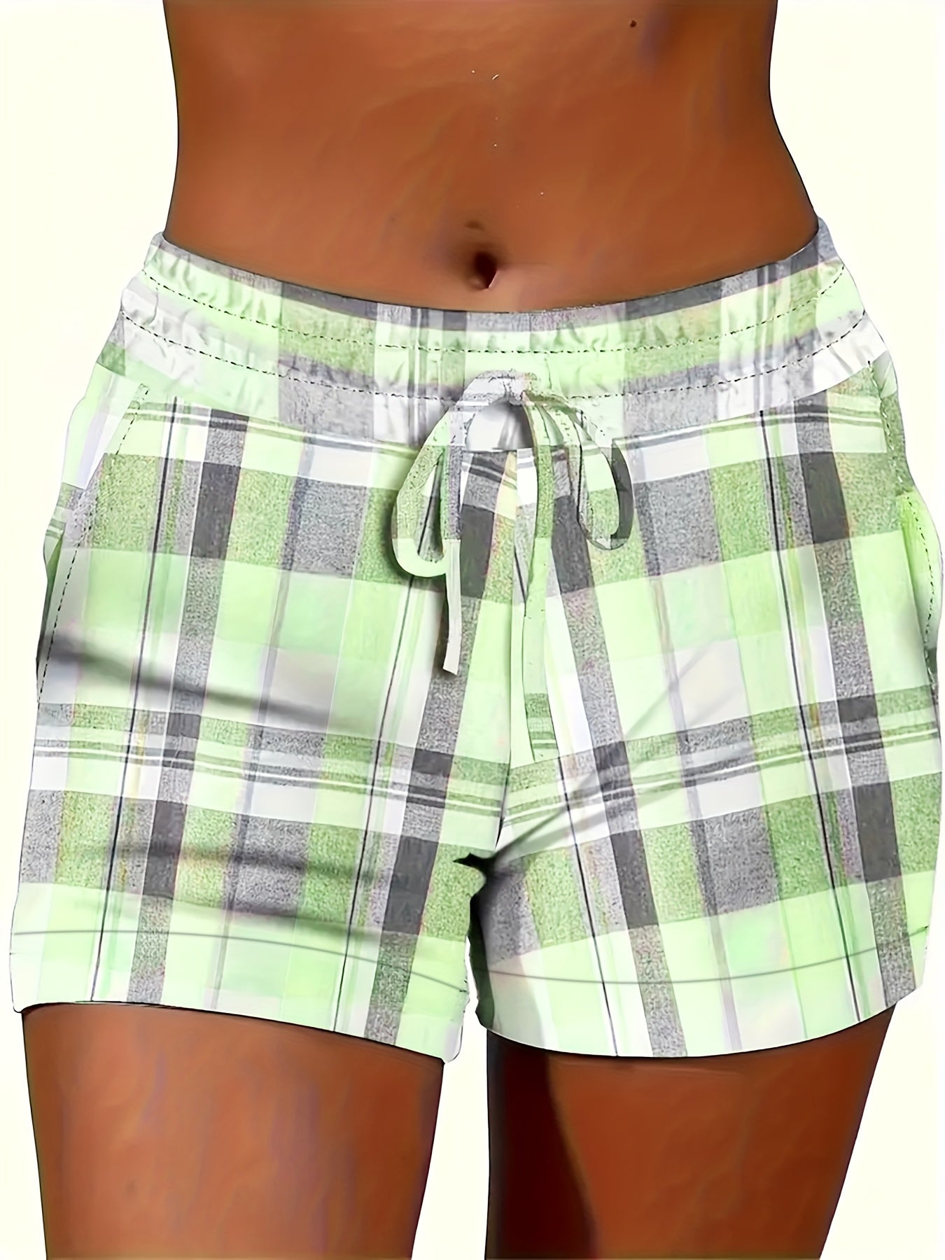 Plus Size Women Casual Summer Plaid Drawstring Shorts
