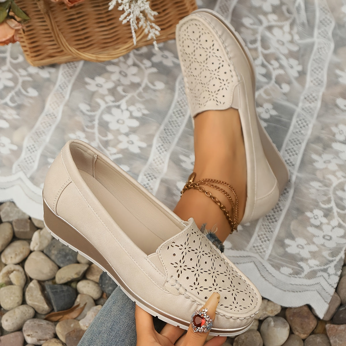 Women's Beige Slip-On Loafers with Perforated Design, Breathable, Lightweight