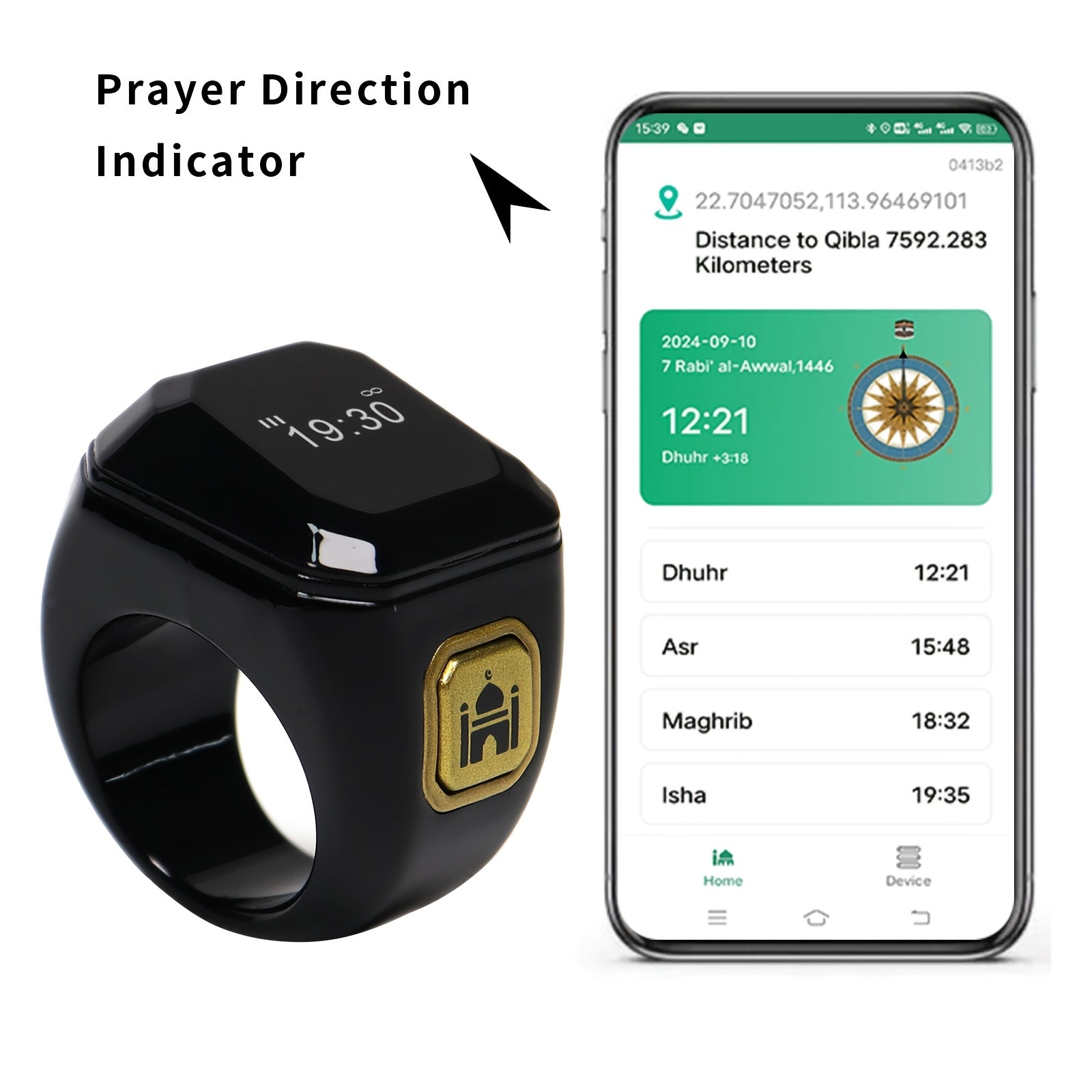 Black Smart Zikr Ring with 0.49 Inch Display Wireless Prayer Counter Compass and App Control