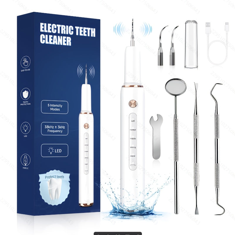 Kit de limpieza dental con luz LED, 5 modos, cabezales reemplazables, recargable