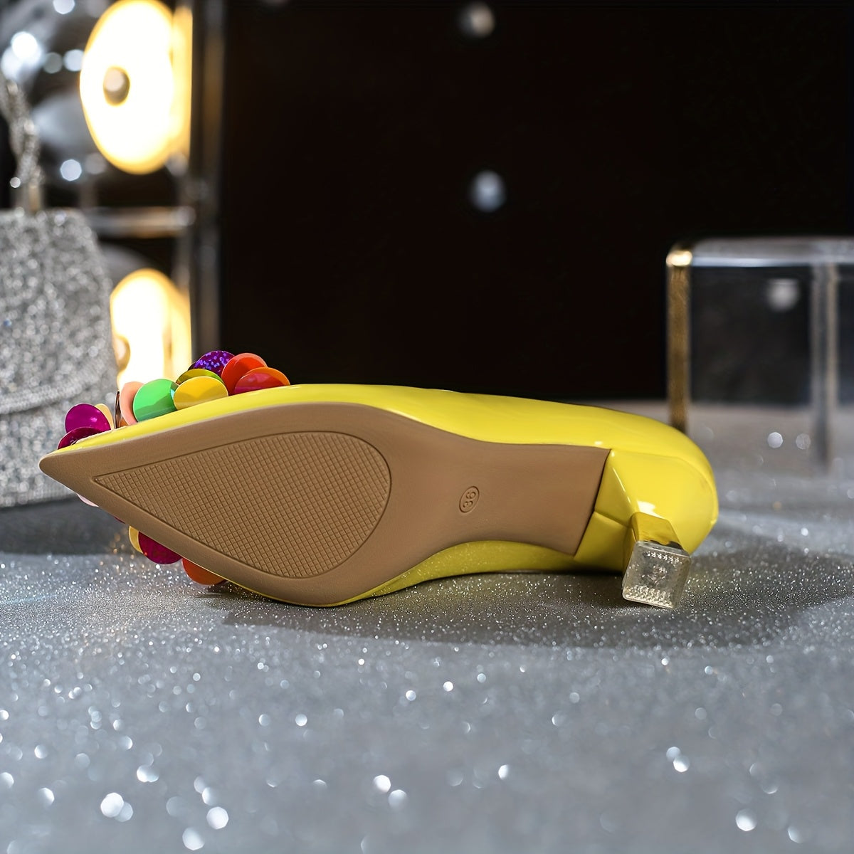 Women Pointed Toe Heeled Pumps Sequin Flower Elegant Style