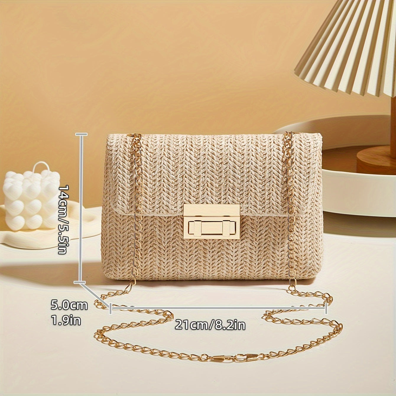 Bolso de hombro de tela entretejida para mujer con correa de cadena y hebilla de cierre, bandolera casual, color beige caqui