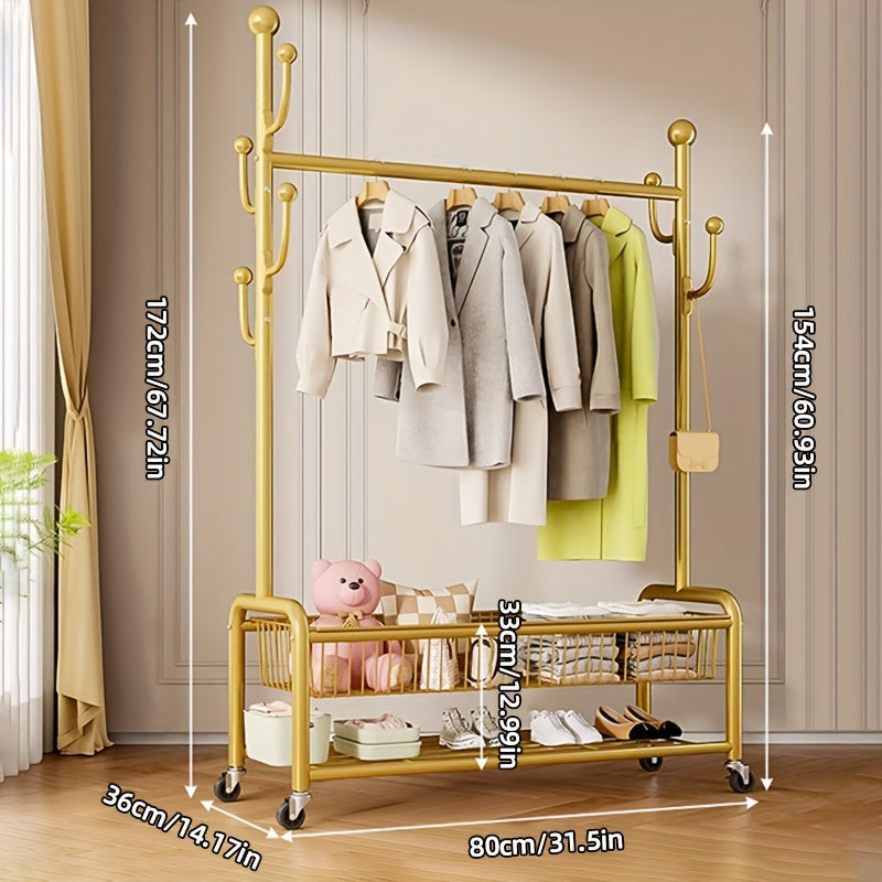 Multifunctional Rolling Coat Rack with 6 Hooks and Shelf Black Metal