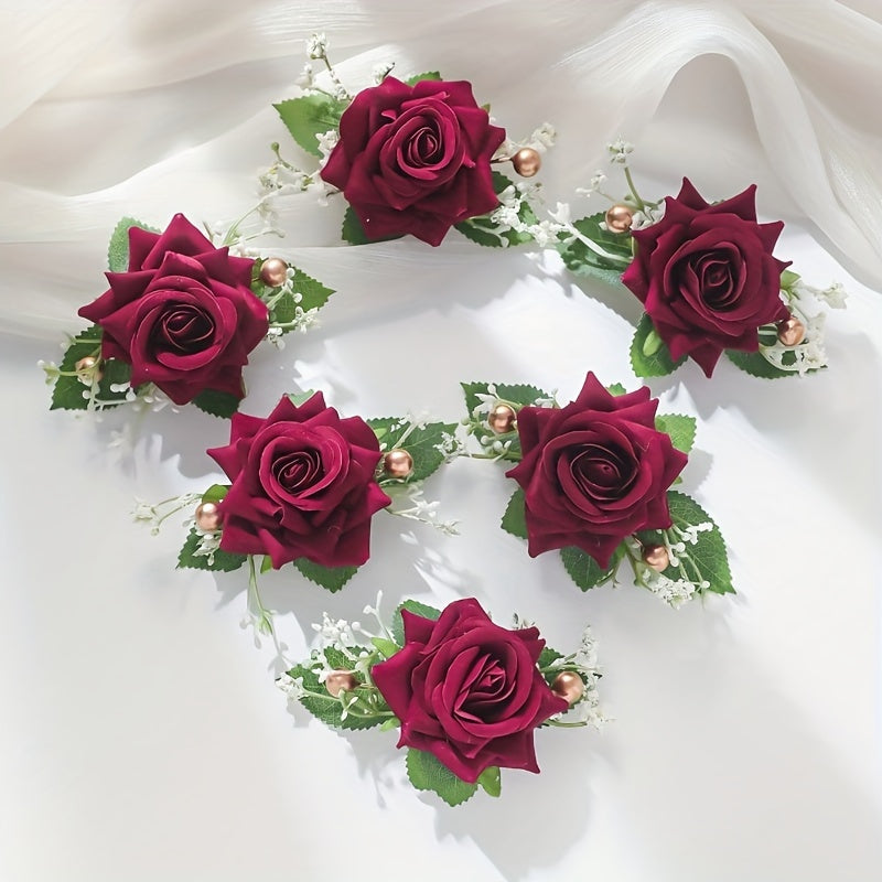 Set of 6 Boho Bridal Corsages Faux Rose Boutonnieres with Gold Pearls and Foliage for Weddings and Events