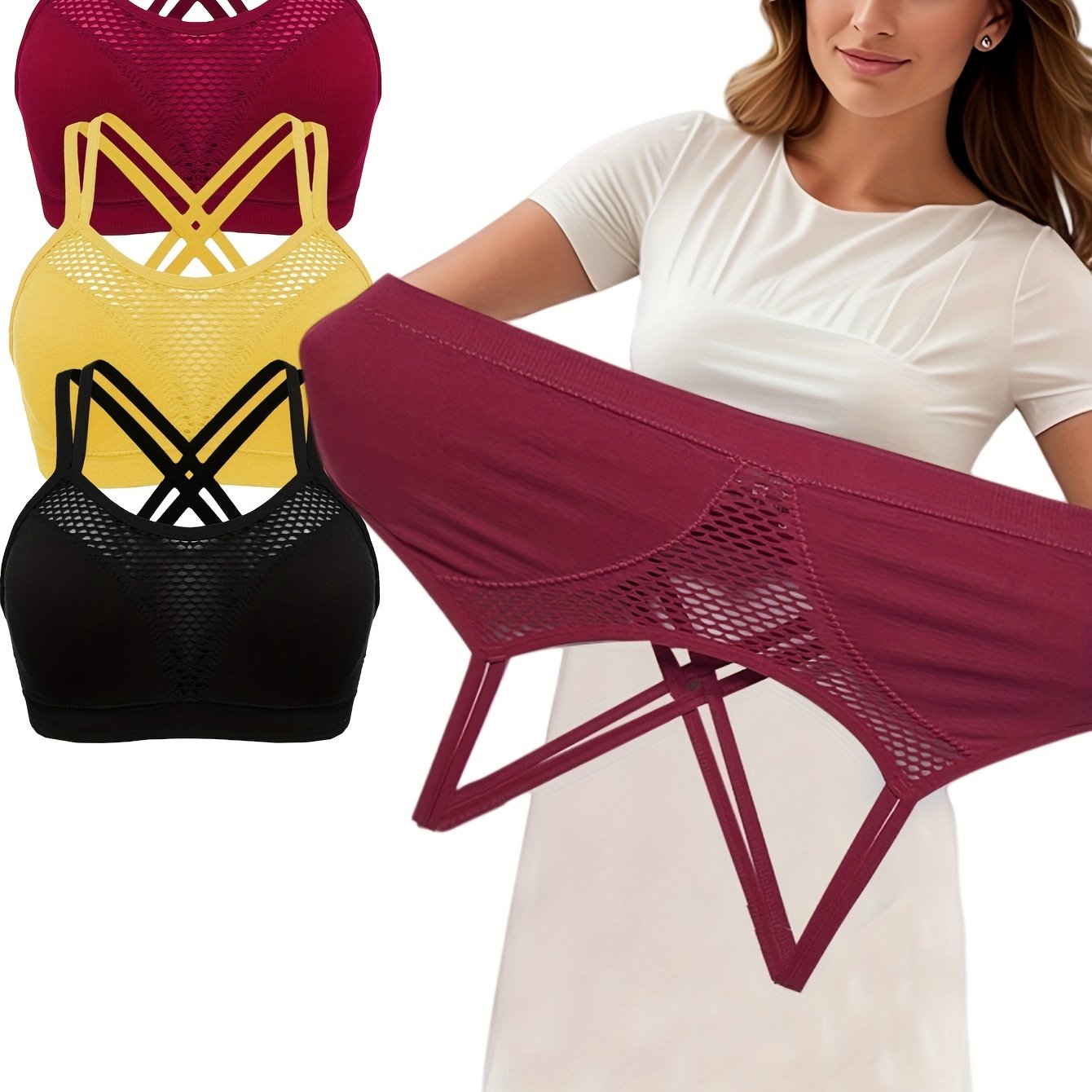 Women's Plus Size Seamless Wireless Sports Bra 3 Pack Breathable Hollow Design