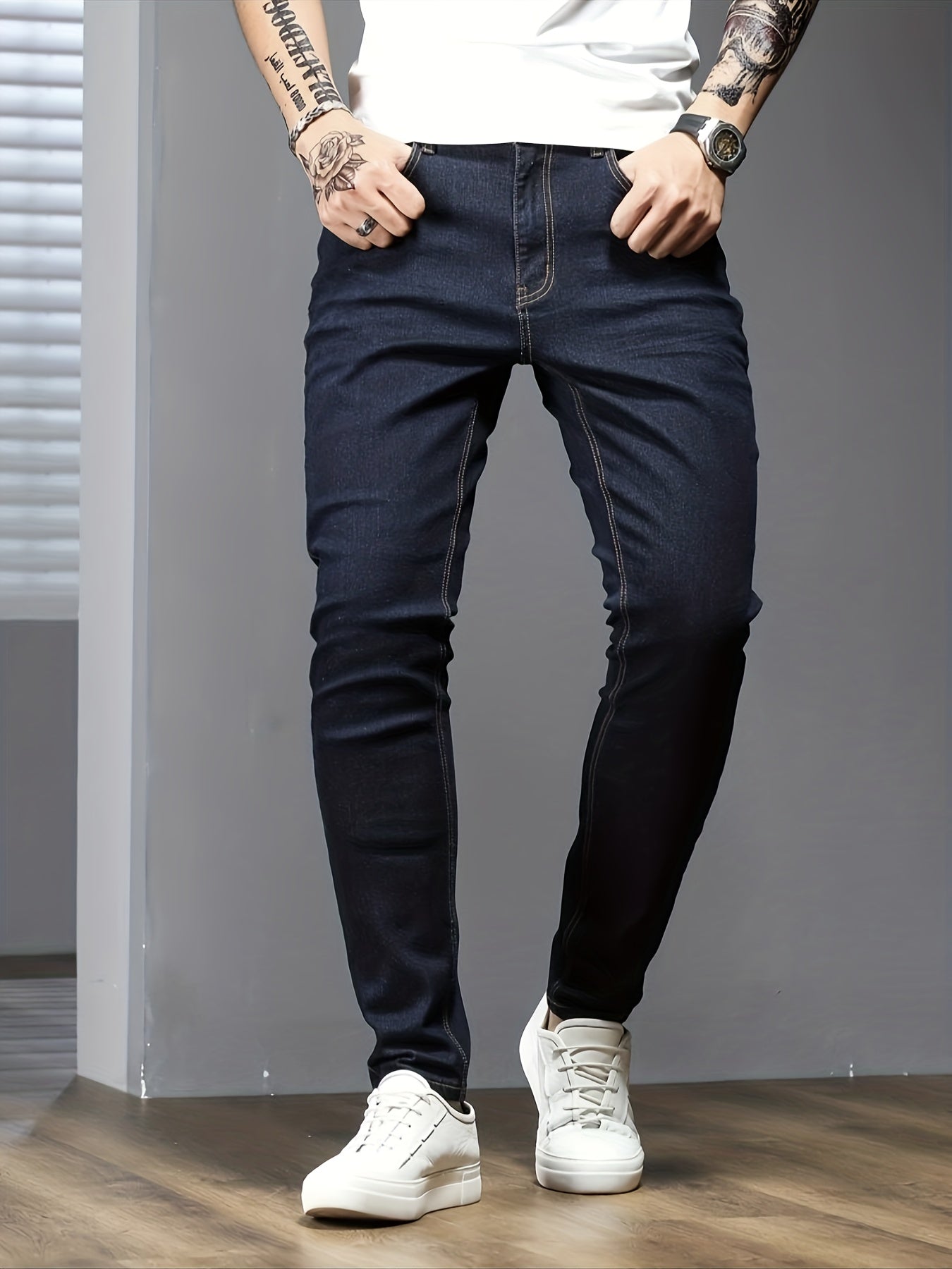 Men's Slim Fit Jeans Solid Color Stretch Denim Raw Wash All-Season