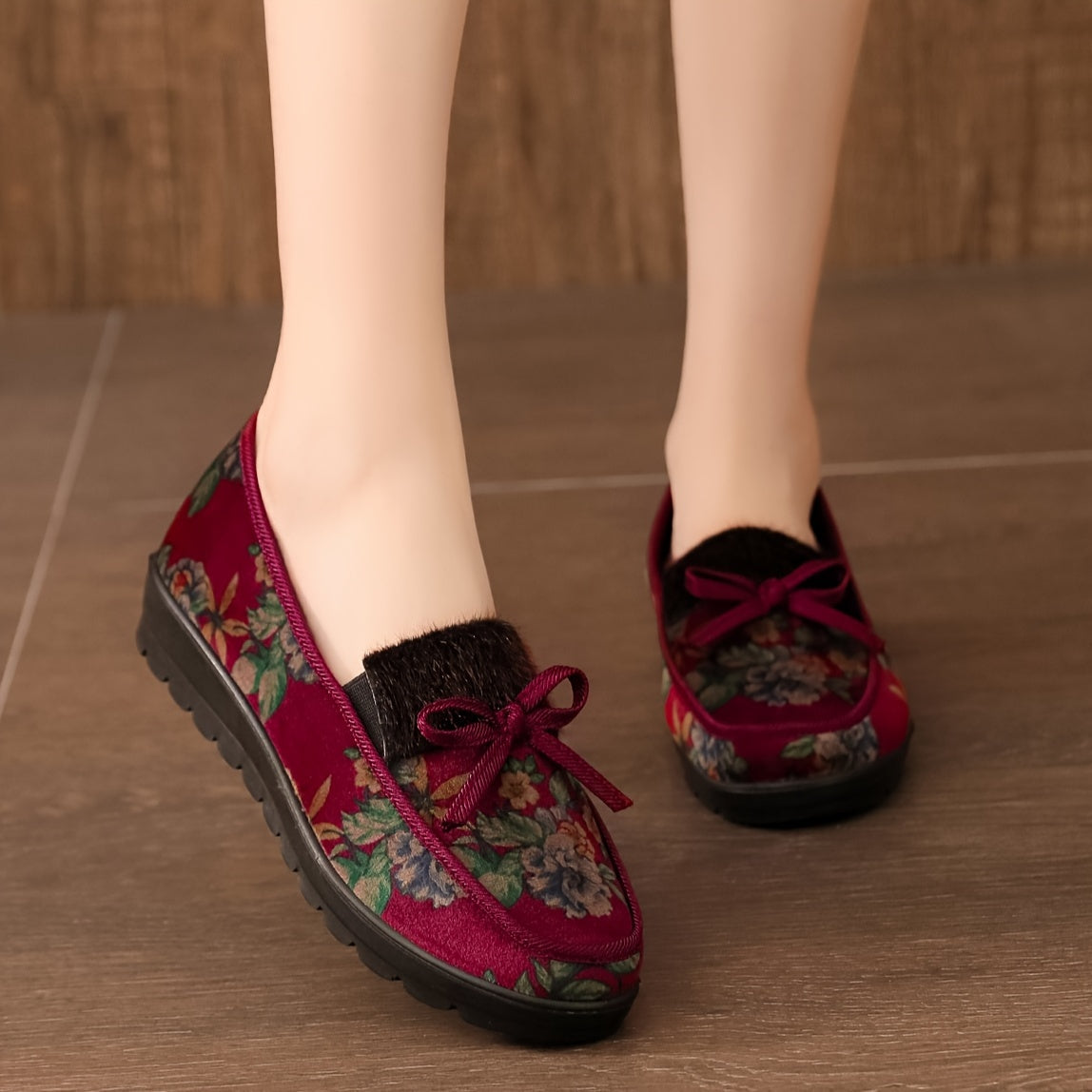 Women's Floral Winter Slippers Corduroy Loafers with Soft Sole and Cozy Lining