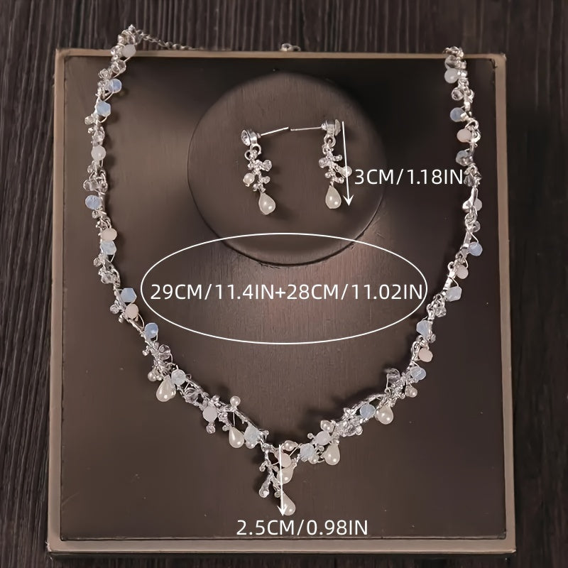 Set of 3 Bridal Jewelry Pieces Rhinestone Butterfly Tiara Faux Pearl Floral Headband Necklace Earrings