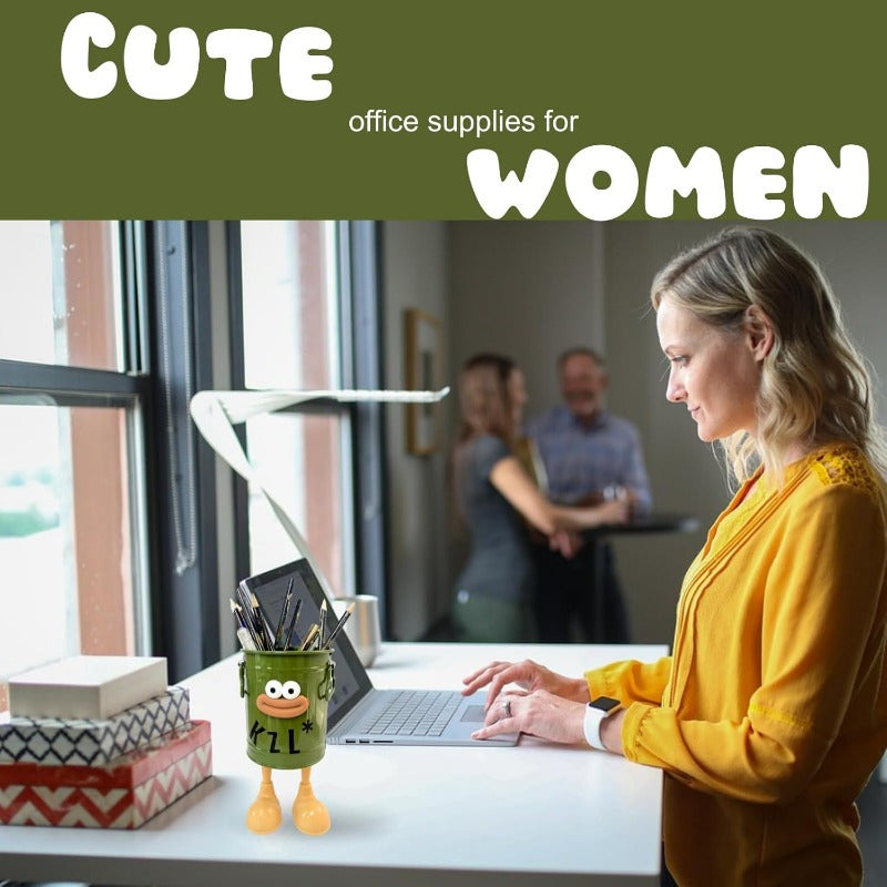 Cute Cartoon Desk Organizer with DIY Letter Stickers Green Office Accessory for Women