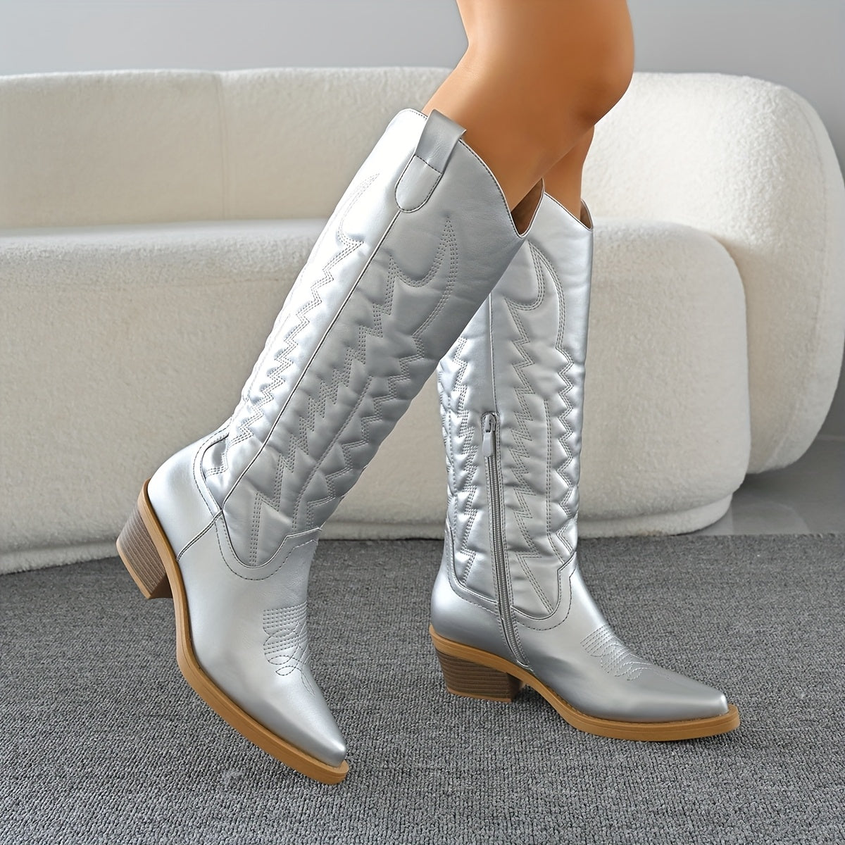 Women's Oversized Pointed Toe Chunky Heel Knee-High Western Cowboy Boots Side Zipper