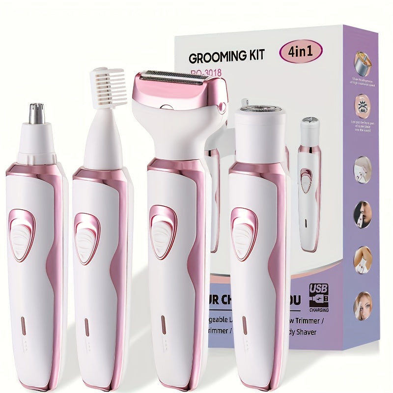 Set de depilación eléctrica 4 en 1 para mujeres, para área púbica, cejas, nariz, rostro y piernas, recargable por USB, portátil
