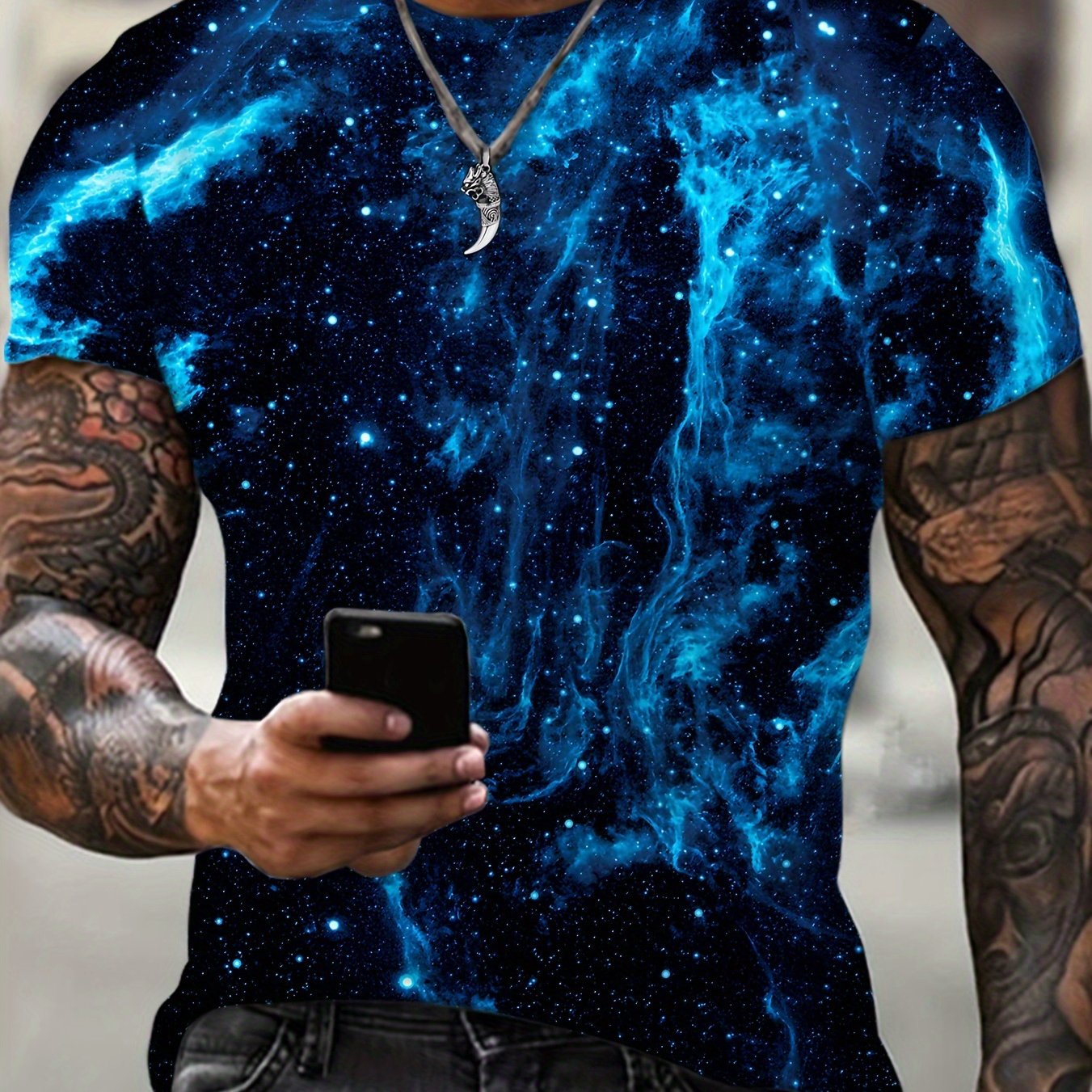 Camiseta de manga corta con estampado 3D de galaxia para hombre, tela de punto geométrica, tallas grandes
