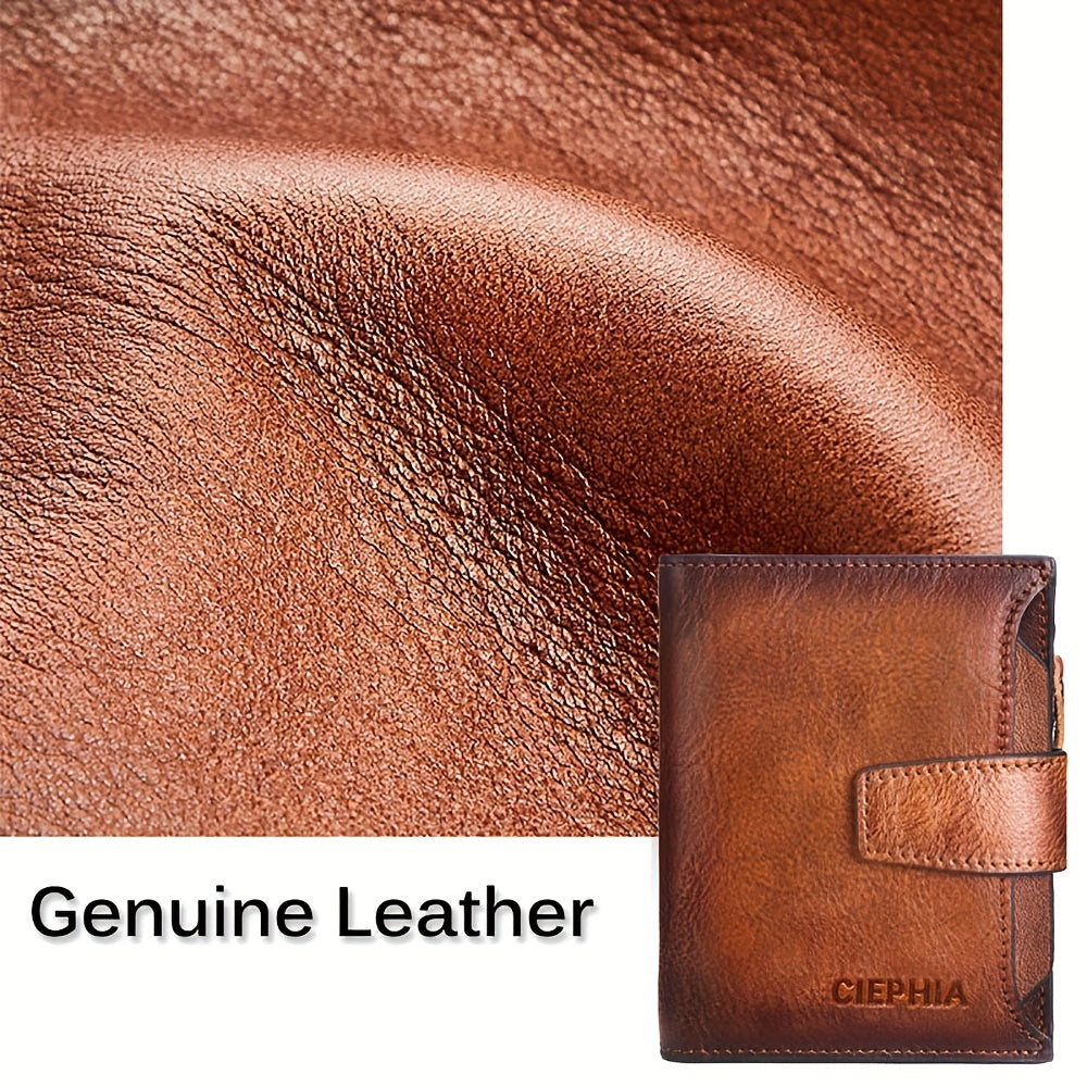Men's Genuine Leather Wallet RFID Blocking Zipper Coin Pocket Vintage Dark Brown