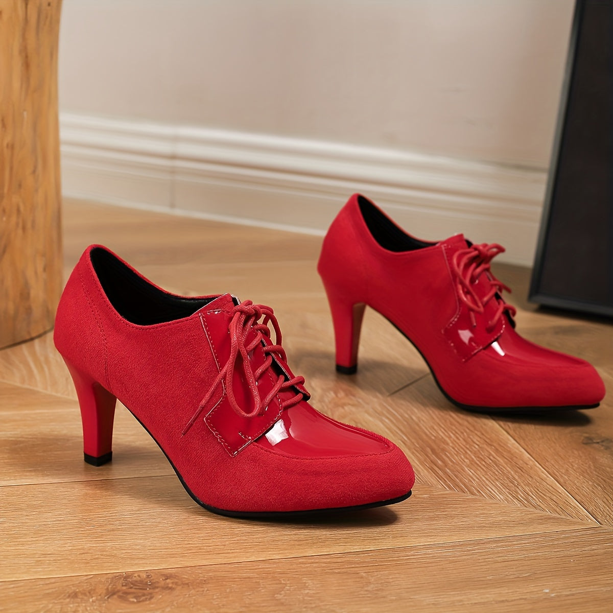 Women Faux Leather Lace-Up High Heels Pointed Toe Chunky Heel