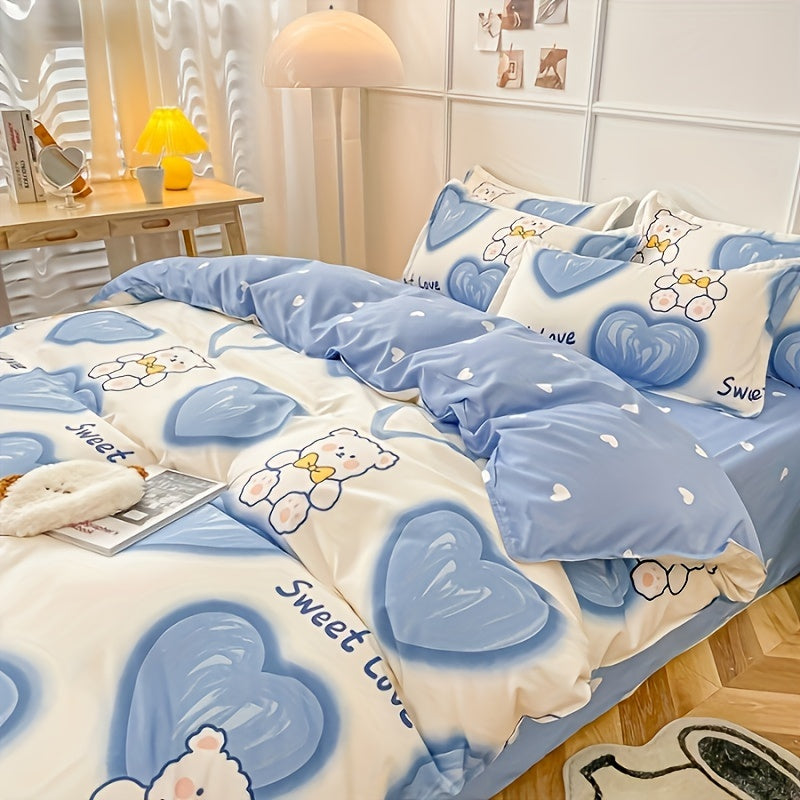 4PCS Cartoon Heart Bear Bedding Set Polyester Animal Theme All-Season Bed Linen