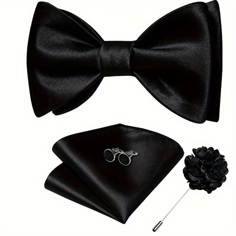 Men's 4-Piece Suit Accessory Set Silk Bow Tie Flower Lapel Pin Cufflinks Handkerchief for Weddings
