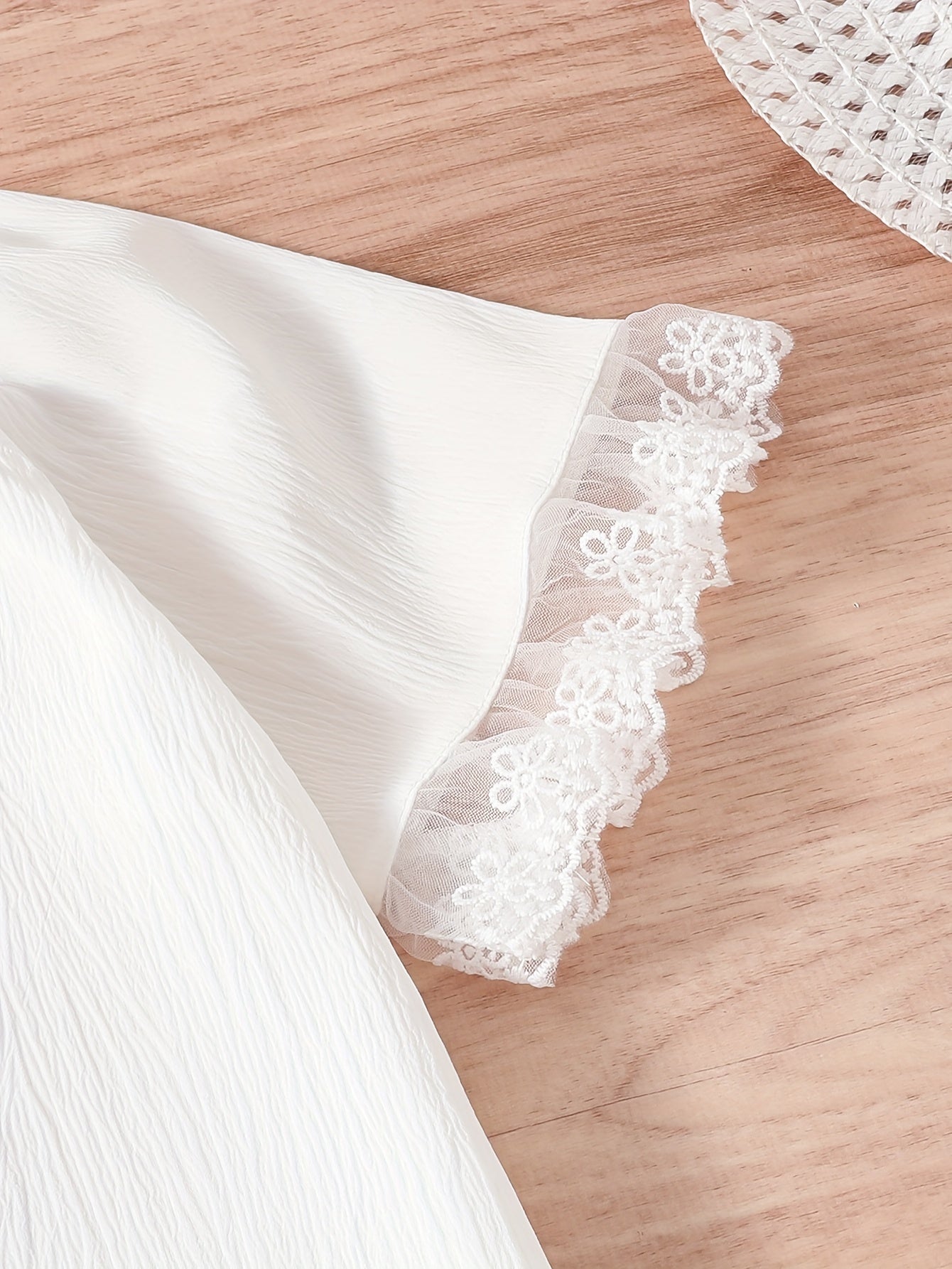 Girls Summer Outfit Set with Lace-Trimmed Top and Faux Denim Pants for Casual Outdoor Wear