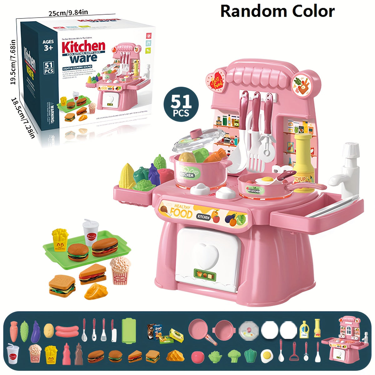 Pink Kids Play Kitchen Set for Ages 3 Plus with Realistic Food and Sink Educational Toy