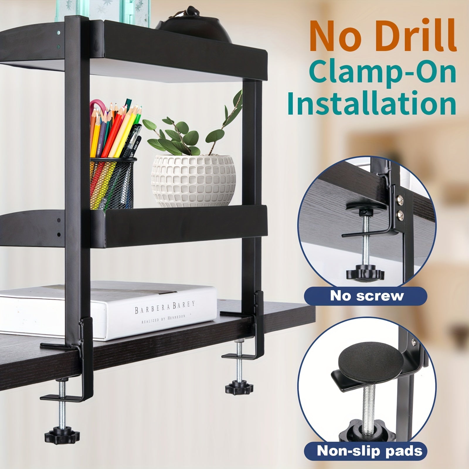 Clamp On Desk Organizer Shelf Metal 45.72cm Two-Tier Clamp-On Storage Shelf for Table Accessories